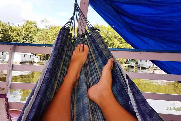 Relaxing in a hammock on an Amazon riverboat from Manaus to Santarém, Brazil, with rainforest views