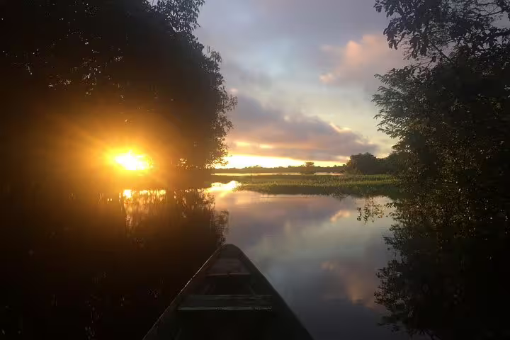 Experience a breathtaking Amazon sunset as you glide through tranquil waters on a canoe during the Amazon Survival Tour.