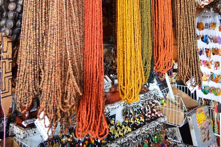 Colorful Amazonian bead necklaces and crafts at Manaus Mercado Municipal, popular shopping stop on city tour