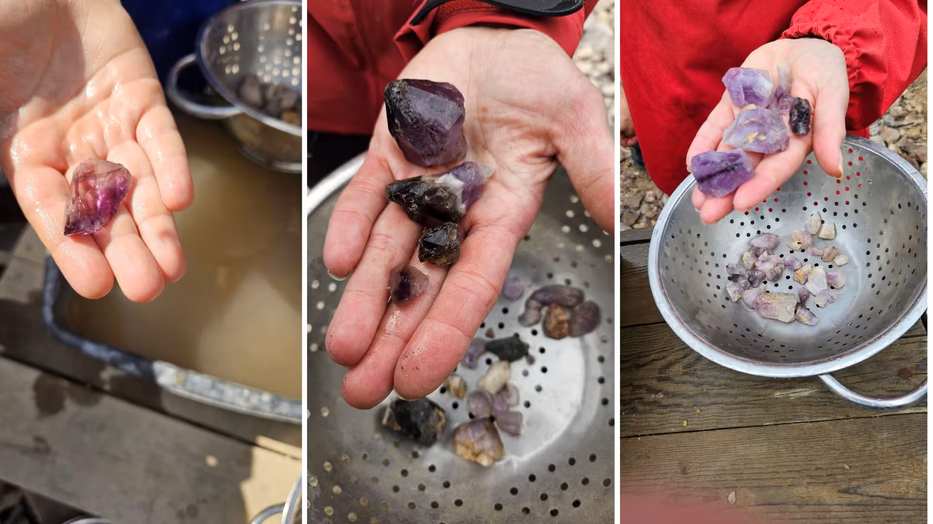 Hands display freshly found amethyst stones at the Winter Amethyst Mine Experience in Lapland.