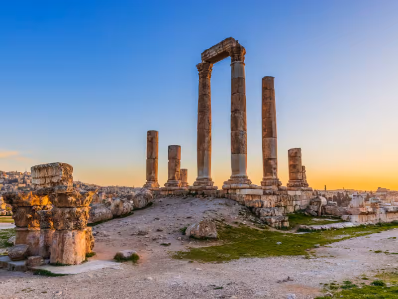 Amman Citadel Roman Temple of Hercules columns at sunset, Jordan highlight on Egypt & Jordan 5-star cruise