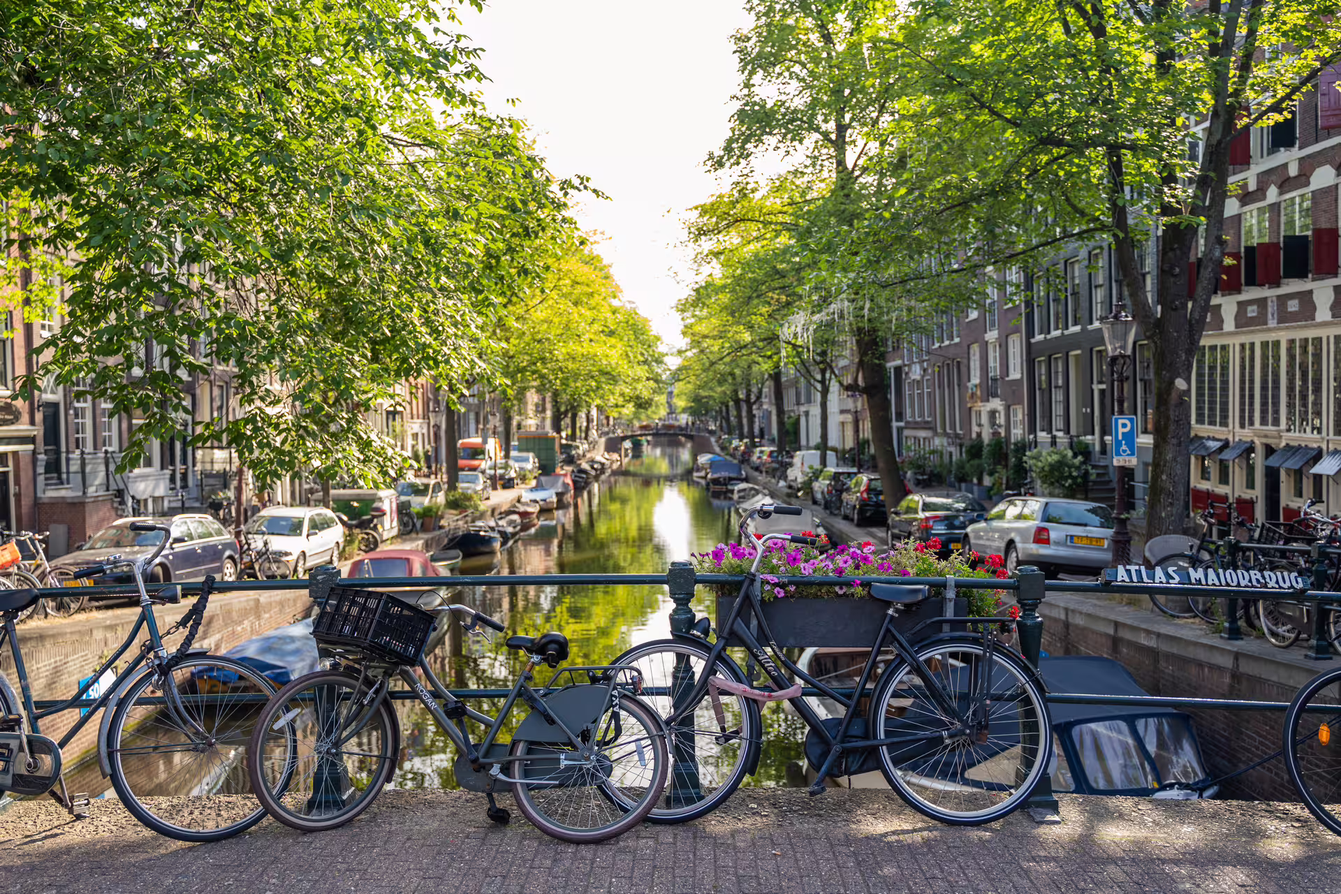 Bicycles on an Amsterdam canal bridge, perfect for exploring the city's picturesque streets and waterways on a small group bike tour.