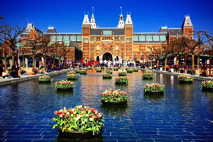 Cyclists enjoy a sunny day at Amsterdam's Rijksmuseum, surrounded by vibrant tulip gardens, during a small group bike tour.