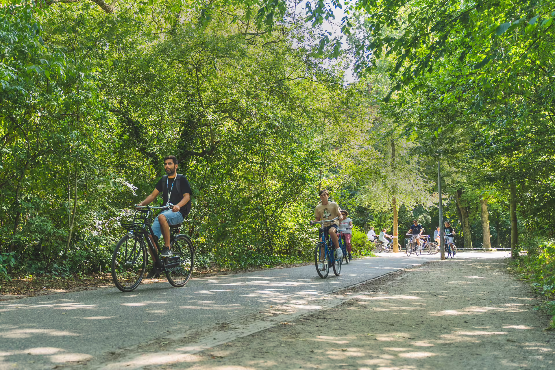 Cyclists enjoy a scenic ride through the lush Amsterdam countryside, perfect for a bike tour and canal cruise adventure.