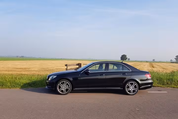 Private car transfer through Dutch countryside fields on Amsterdam City & Countryside Tour day trip
