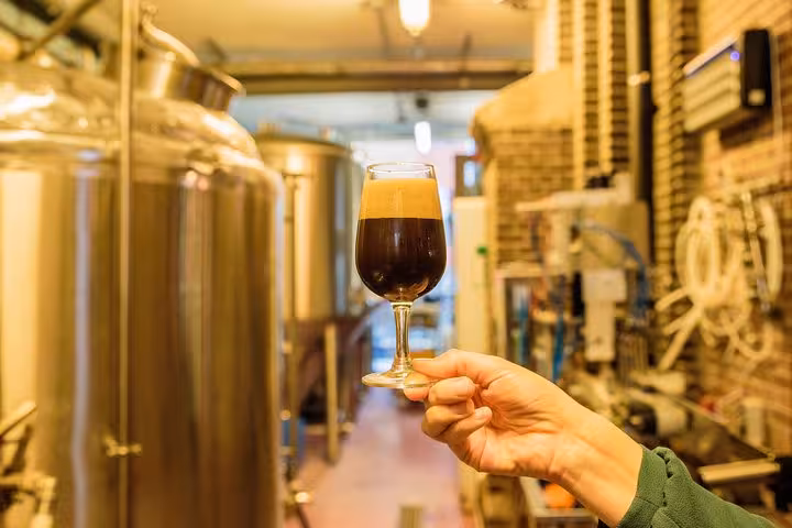 Hand holding dark craft beer in Amsterdam brewery, stainless tanks behind, bus tour tasting experience