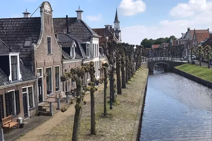 Canal-side houses, pruned trees and arched bridge in a Dutch town on Discover The Netherlands tour from Amsterdam