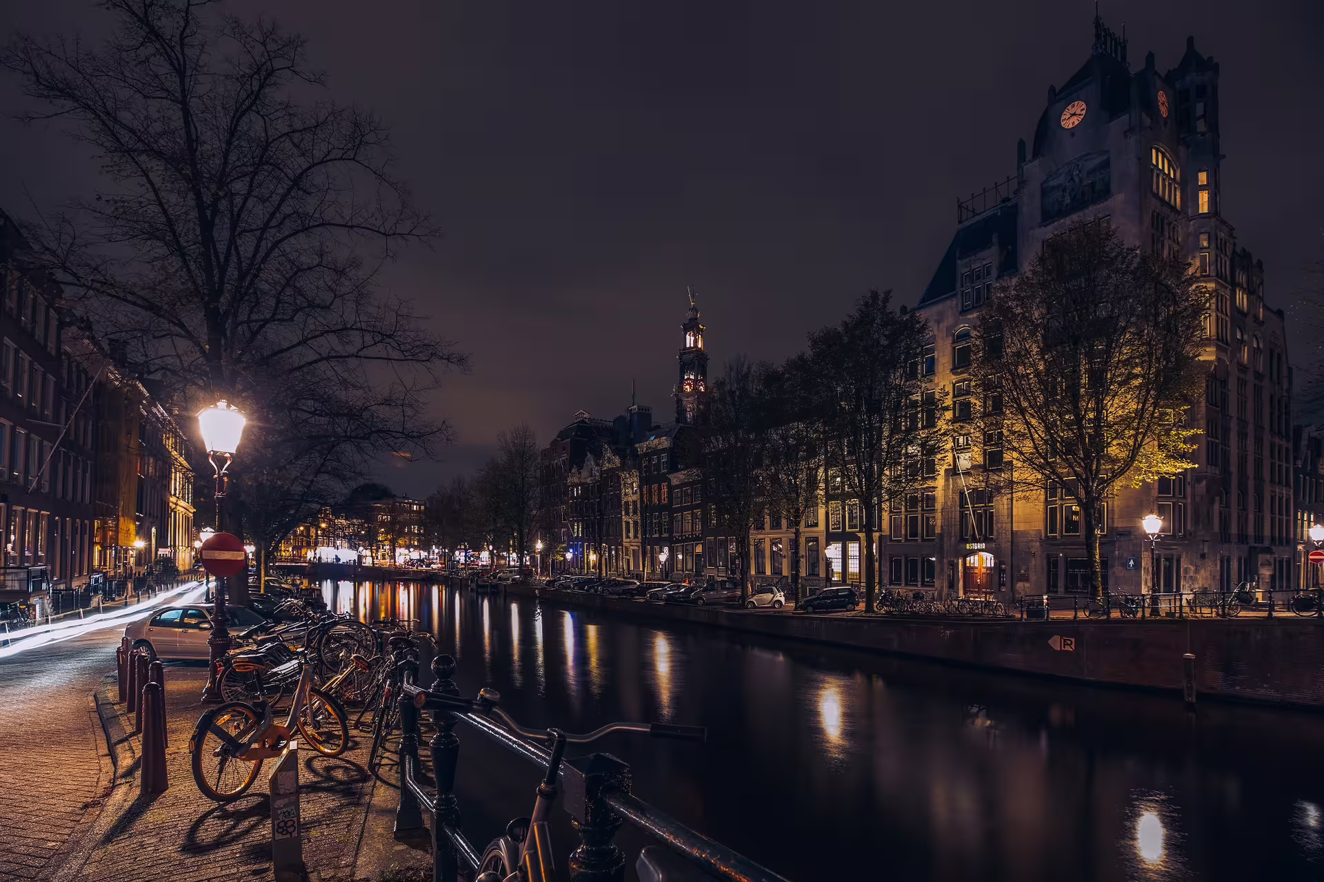 Amsterdam by night, canals and bikes