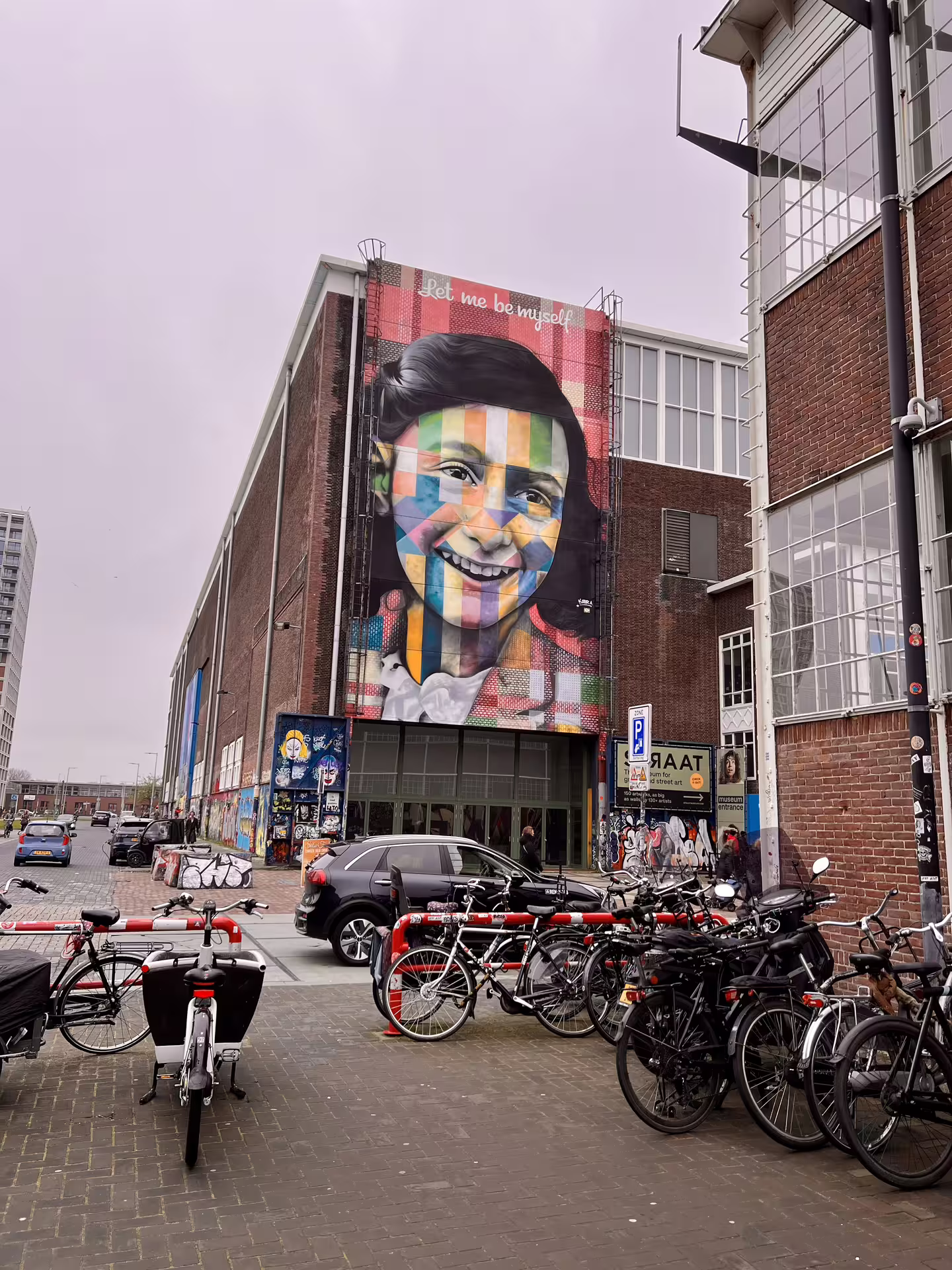 Colorful street art mural at NDSM Wharf in Amsterdam, showcasing vibrant urban creativity on a private tour route.