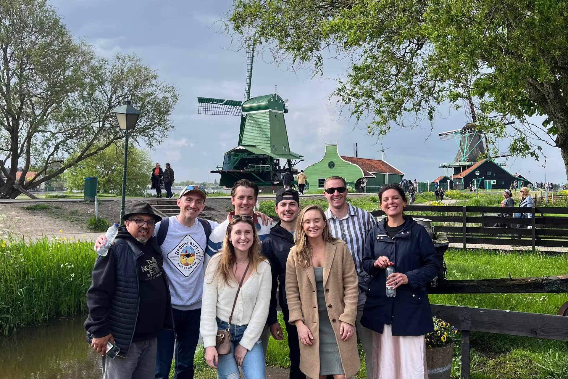 Tour group at Zaanse Schans windmills near Amsterdam on Zaanse Schans Volendam and Giethoorn day tour