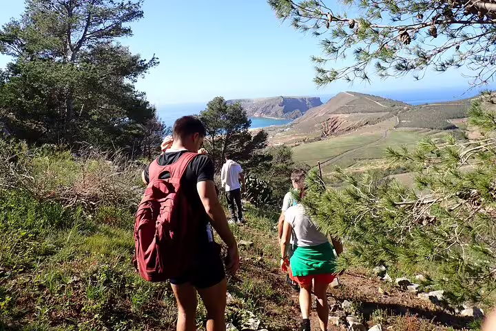 Hikers explore lush trails with ocean views on the Ana Ferreira Caves & Peaks Trek, ideal for adventure seekers in Madeira.