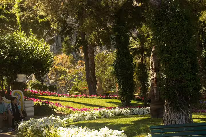 Anacapri gardens with flower beds and shady paths, small group Capri and Anacapri tour from Naples with ferry tickets