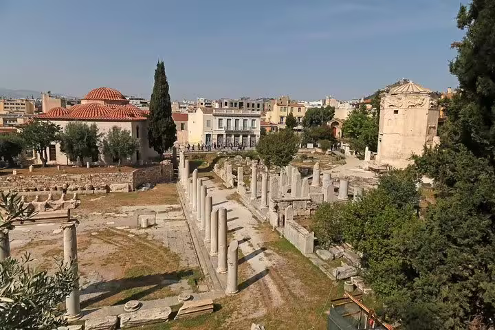 Ancient Agora of Athens ruins and colonnade, a key stop on Athens afternoon tour with dinner