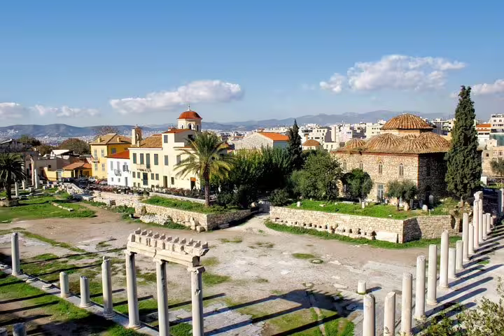 Ancient Agora of Athens with Stoa columns and Byzantine church, featured on a full-day private Athens tour