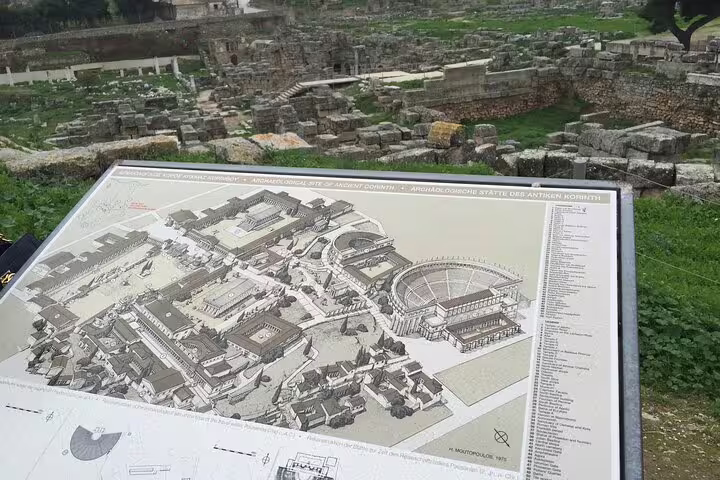 Ancient Corinth ruins map viewpoint stop on Nafplio wine tasting tour via Corinth Canal day trip