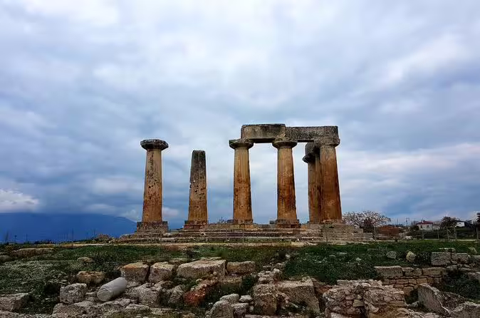 Ancient Corinth Temple of Apollo columns on private biblical tour from Athens, Greece archaeological site