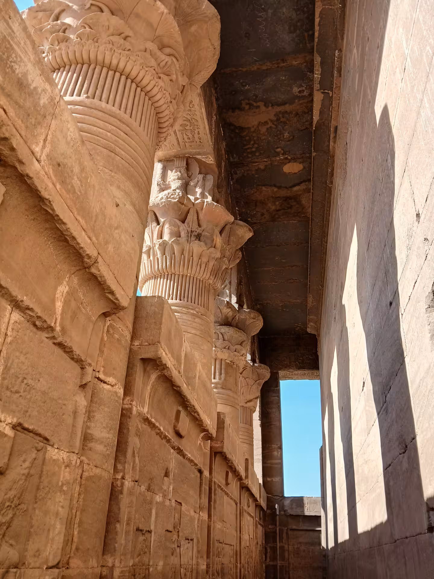 Marvel at the grand, intricately carved columns of an ancient Egyptian temple under the bright blue sky.