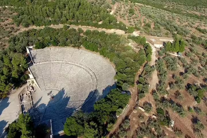 Aerial view of the Ancient Theatre of Epidaurus, highlight stop on a private day tour from Athens