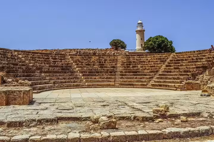 Ancient Odeon amphitheatre in Kato Paphos Archaeological Park, key site on Western Cyprus sightseeing tour