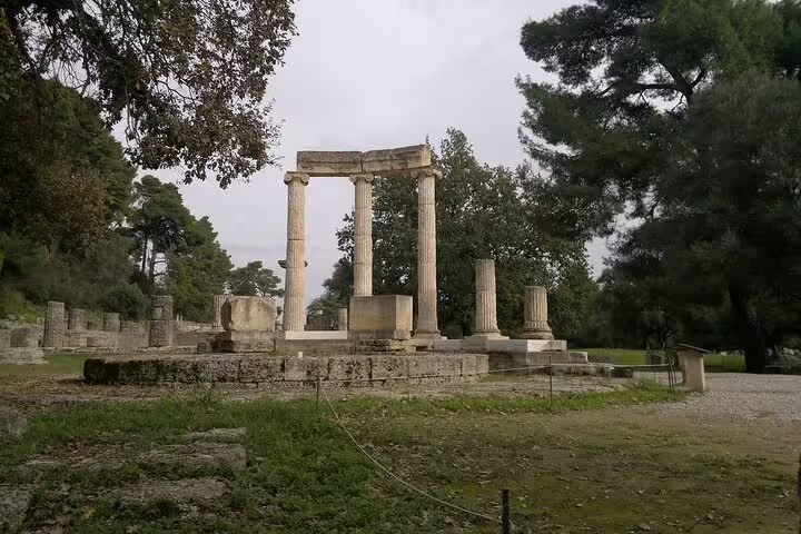 Ruins of Ancient Olympia temple columns in a pine grove, stop on a full-day private Olympia tour in Greece