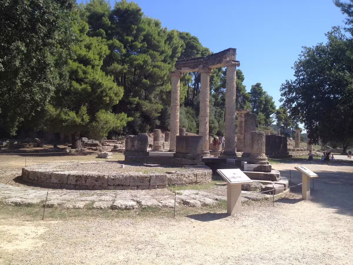 Scenic view of Ancient Olympia temple columns and ruins in Greece, visited on a private tour from Athens