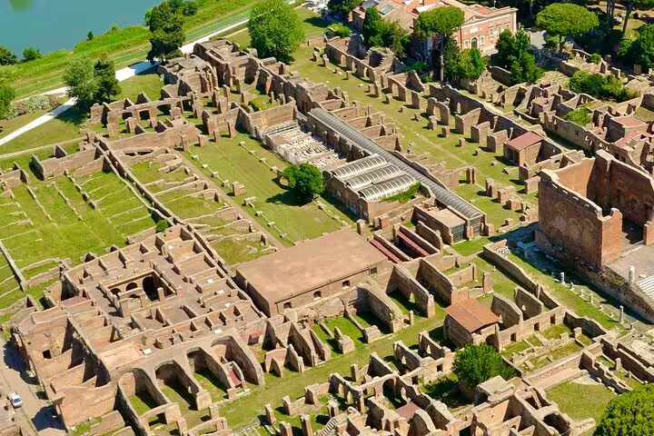 Aerial view of Ancient Ostia archaeological ruins near the Tiber River on a guided tour from Rome with skip-the-line tickets