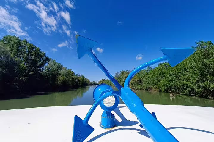 Blue river cruise boat prow on the Tiber surrounded by lush green banks during an Ancient Ostia sightseeing tour from Rome