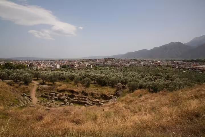 Panoramic view over Ancient Sparta ruins and olive groves, Peloponnese day tour to Mystras and Kaiadas
