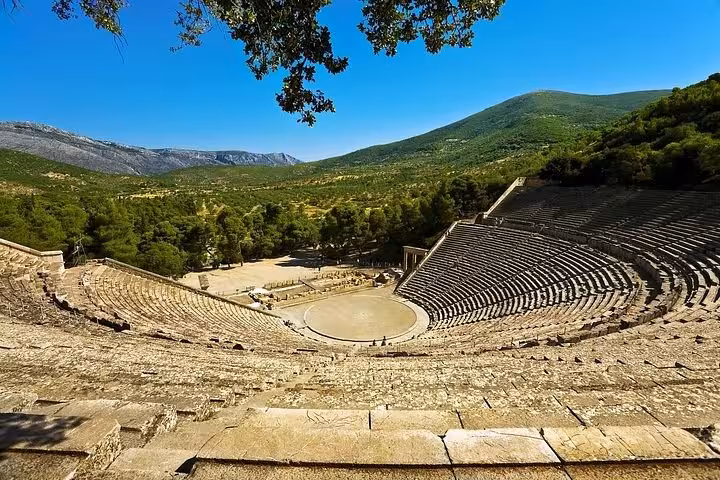Ancient Theatre of Epidaurus panoramic seats and orchestra on Mycenae Nafplio Isthmus Canal luxury tour