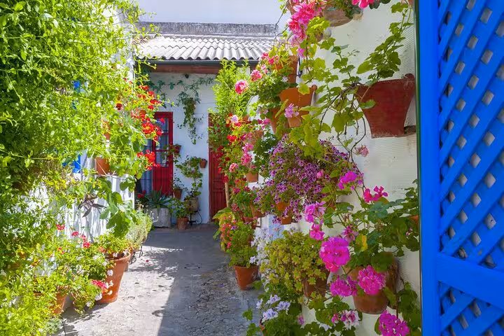 Vibrant Andalusian courtyard with colorful flowers and lush greenery, perfect for a scenic stroll in Costa del Sol.