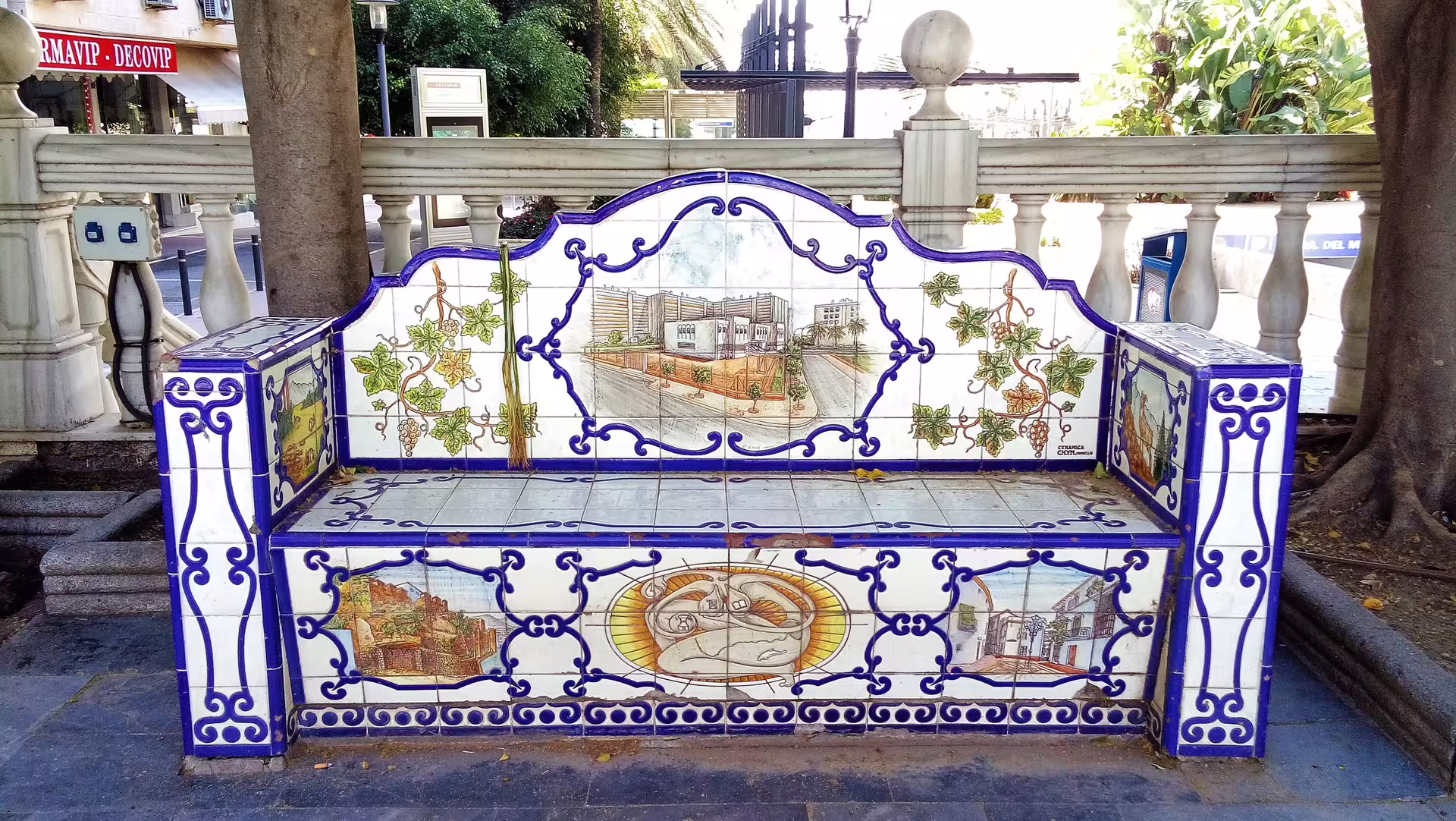 Hand-painted Andalusian tile bench in Marbella old town, a stop on private Marbella & Puerto Banus tour