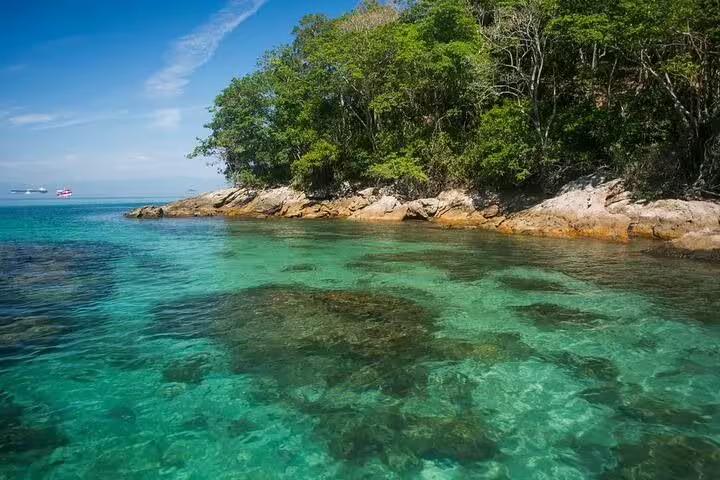 Scenic view of crystal-clear waters and lush greenery at Angra dos Reis, perfect for boat tours and relaxation.