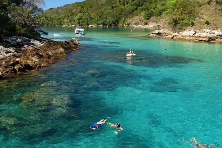 Snorkelers explore clear waters near rocky shores on a boat tour of Angra and Ilha Grande from Rio de Janeiro.