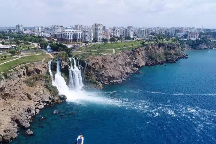 Aerial view of Antalya Duden Waterfalls plunging into the Mediterranean, highlight of 8 Day Touch of Mediterranean Tour