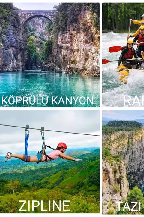 Antalya rafting tour collage with Köprülü Canyon views, whitewater rafting action and zipline adventure add-on