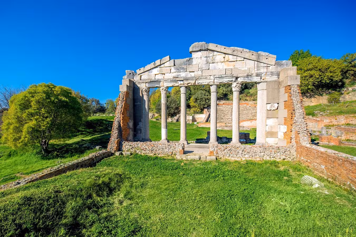 Well-preserved ancient ruins of Apollonia with stone columns and green landscape on a sunny day trip from Tirana.