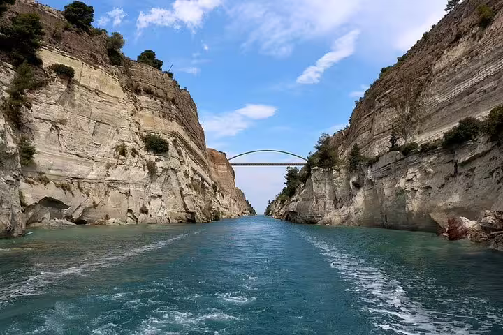 Corinth Canal cliffs and bridge view, highlight of Athens to Corinth private trip tracing Apostle Paul