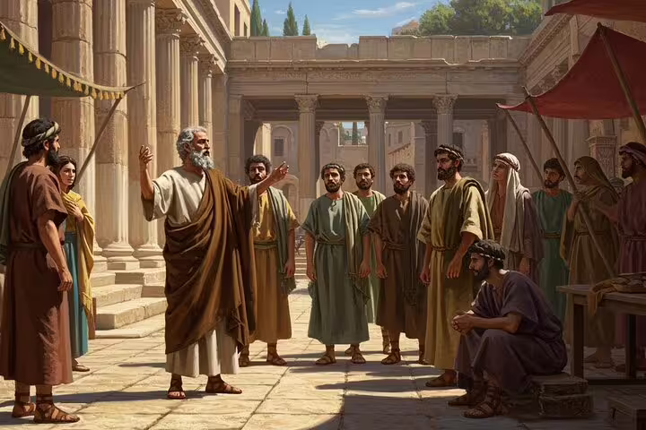 Illustration of Apostle Paul preaching in ancient Corinth on an Athens to Corinth private biblical tour