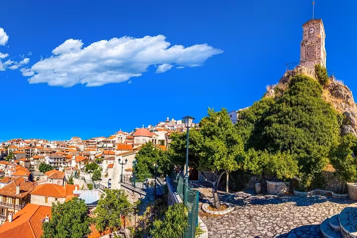 Arachova village viewpoint near Delphi on a private day trip from Athens, red rooftops and clock tower
