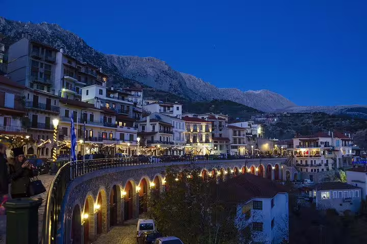 Arachova village at dusk near Delphi, Greece, scenic stop on private full-day tour from Athens