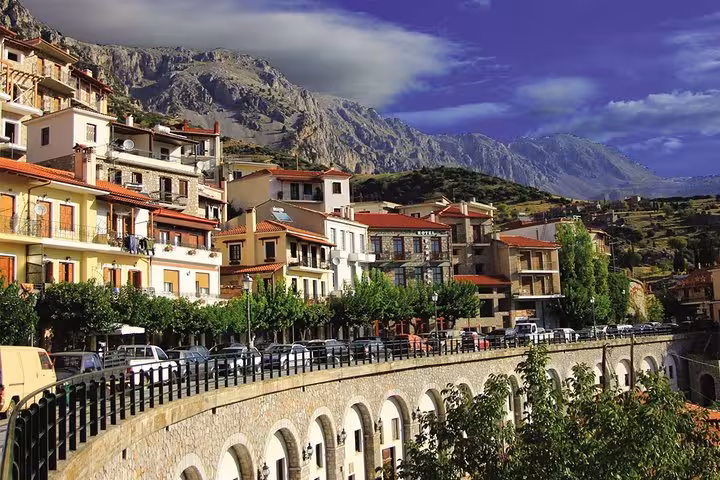 Arachova village panorama on Mount Parnassus, scenic stop on Delphi and Hosios Loukas luxury day tour