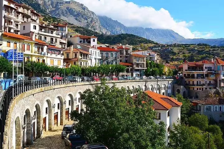 Arachova village in Greece with red-roof houses and mountain views, visited on private Delphi tour from Athens