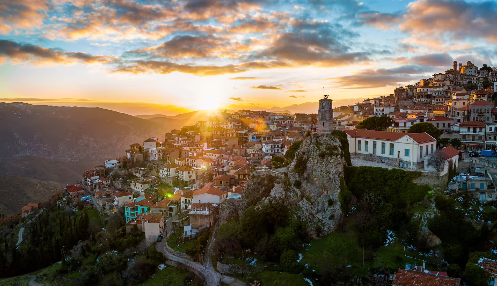 Arachova village sunset panorama near Delphi, scenic stop on a Delphi guided small group day tour from Athens