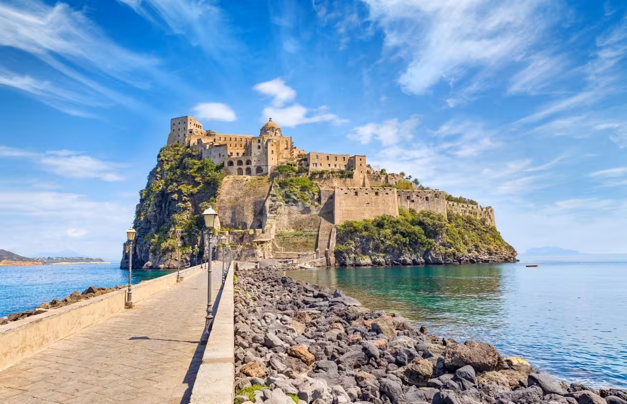 Aragonese Castle Ischia panorama from the causeway over the sea, guided Italian tour with transfer included