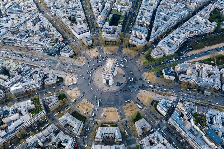 Aerial view of Arc de Triomphe and Place Charles de Gaulle, key stop on private Paris city tour