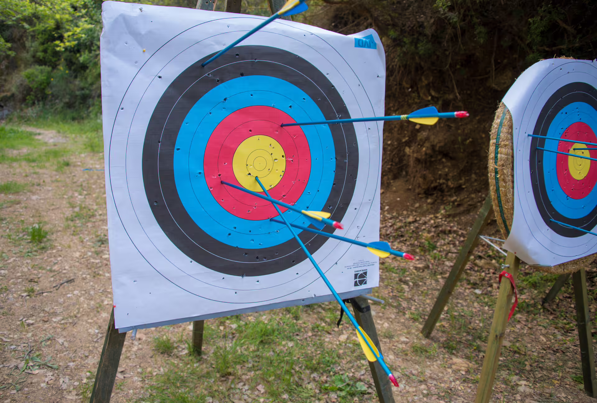 Archery target with arrows during Polylimnio Waterfalls hiking tour in Messinia, Peloponnese Greece