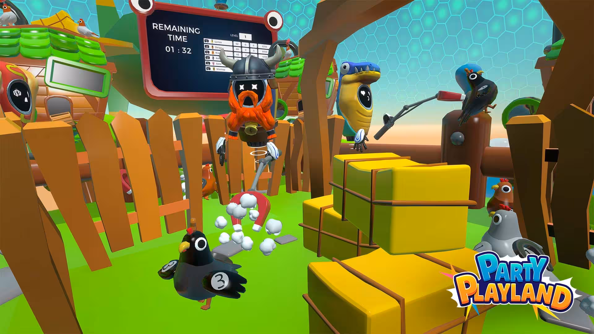 Arena 18 VR party game scene with Viking avatar and chickens in a colorful Party Playland barn arena