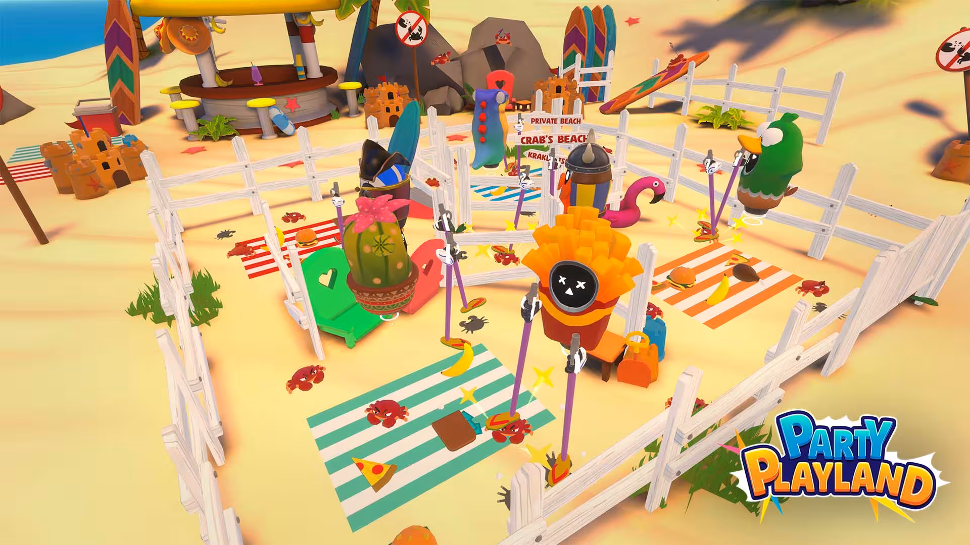 Arena 25 beach party mini-game arena with colorful props, sandcastle decor and fenced play area