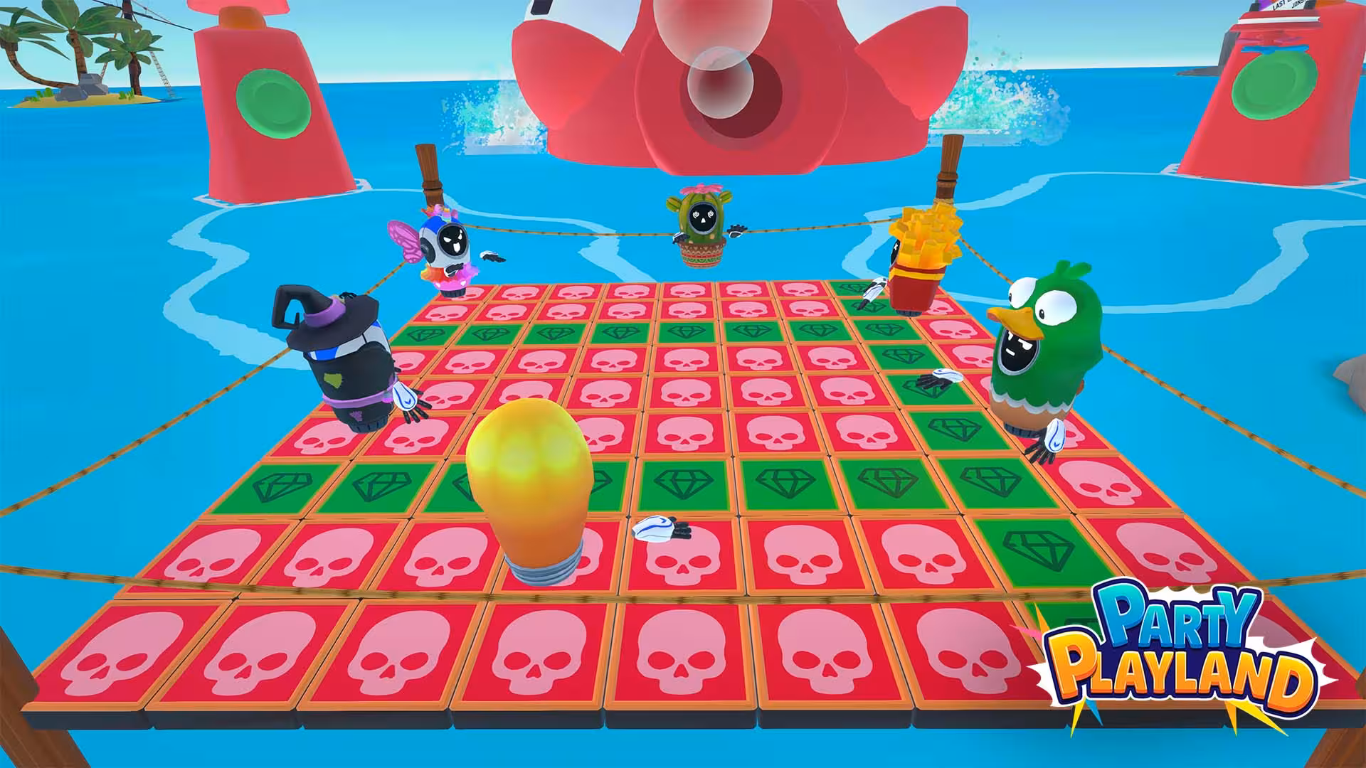 Arena 25 ocean platform party game with cartoon characters on a tile grid, dodging hazards and traps