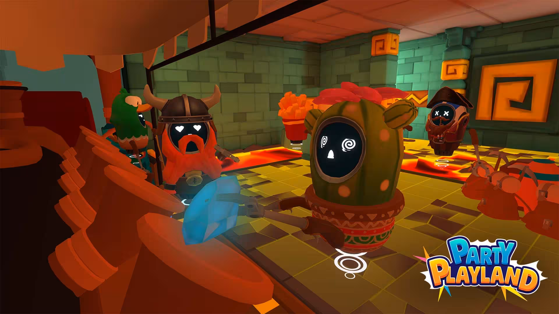 Arena 25 Party Playland VR lava dungeon level with quirky characters battling hazards in a colorful temple room